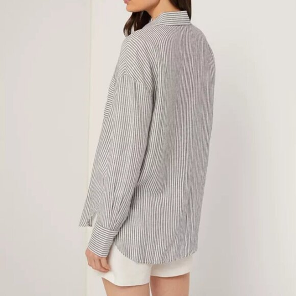ONIA Air Linen Striped Long-Sleeve Boyfriend Shirt, Deep Navy Blue/White - Picture 2 of 2